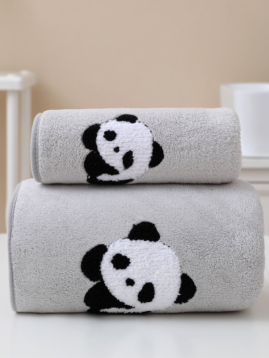1入組珊瑚絨繡制熊貓圖案毛巾，厚實吸水不掉絮，適用於家庭浴室配件，快速乾燥 - 灰色 - 查看 1