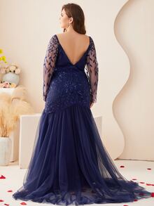 Plus Leaf Applique Split Thigh Ruffle Hem Mesh Wedding Dress - Navy Blue - View 2