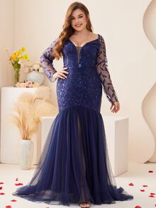 Plus Leaf Applique Split Thigh Ruffle Hem Mesh Wedding Dress - Navy Blue - View 4