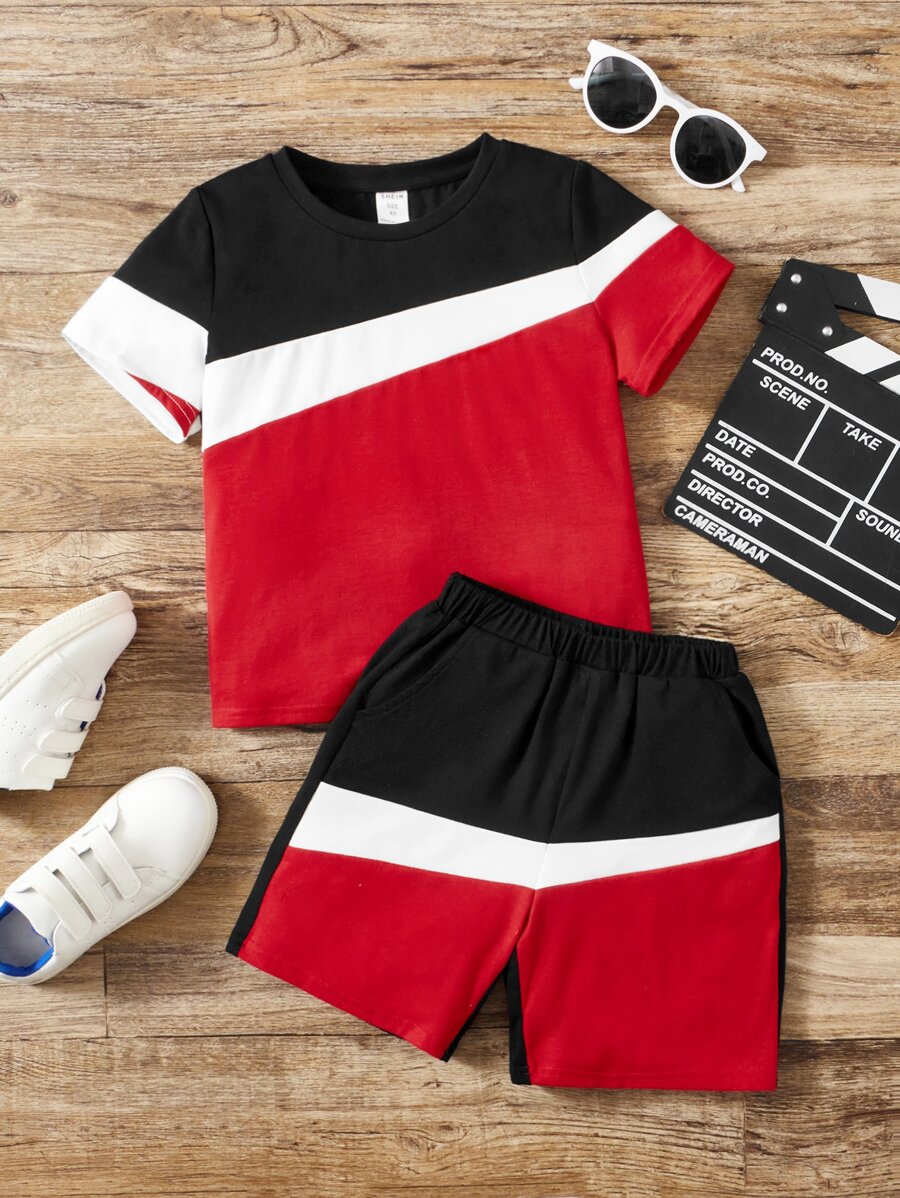 SHEIN Toddler Boys Colourblock Tee & Shorts - Multicolor - View 1