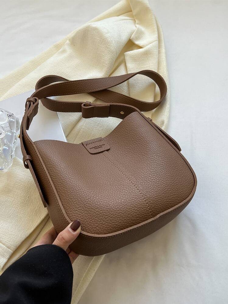 Litchi Embossed Bucket Bag With Inner Pouch - Brown - View 2
