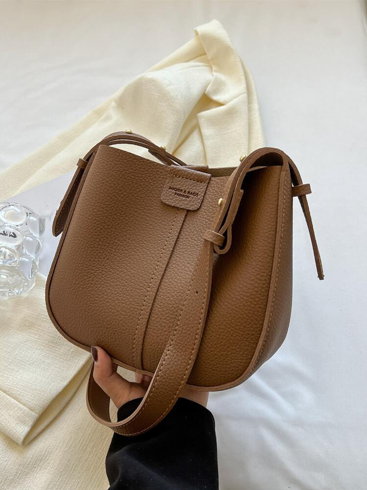 Litchi Embossed Bucket Bag With Inner Pouch - Brown - View 5