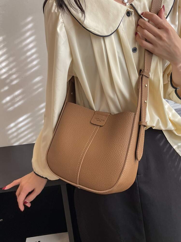 Litchi Embossed Bucket Bag With Inner Pouch - Brown - View 7