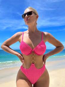 Phụ nữ một mảnh Lộ Lưng Cắt ra Nhẫn màu trơn - Màu Hồng Tươi - Xem 3