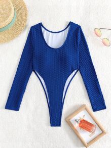 Bañador una pieza unicolor con textura de panal corte alto - azul real - Ver 6