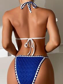 鞭線無肩帶三角型夏日沙灘比基尼套裝 - 藍色 - 查看 2