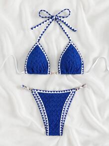 鞭線無肩帶三角型夏日沙灘比基尼套裝 - 藍色 - 查看 4