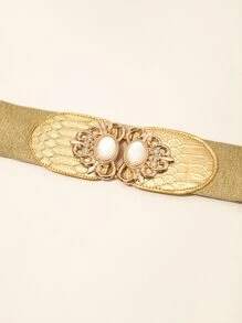 Thắt lưng đàn hồi khóa đối xứng trang trí bằng da rắn trang trí bằng kim cương giả - Vàng - Xem 3