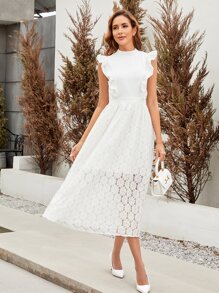 Ruffle Trim Lace Overlay Dress - White - View 1