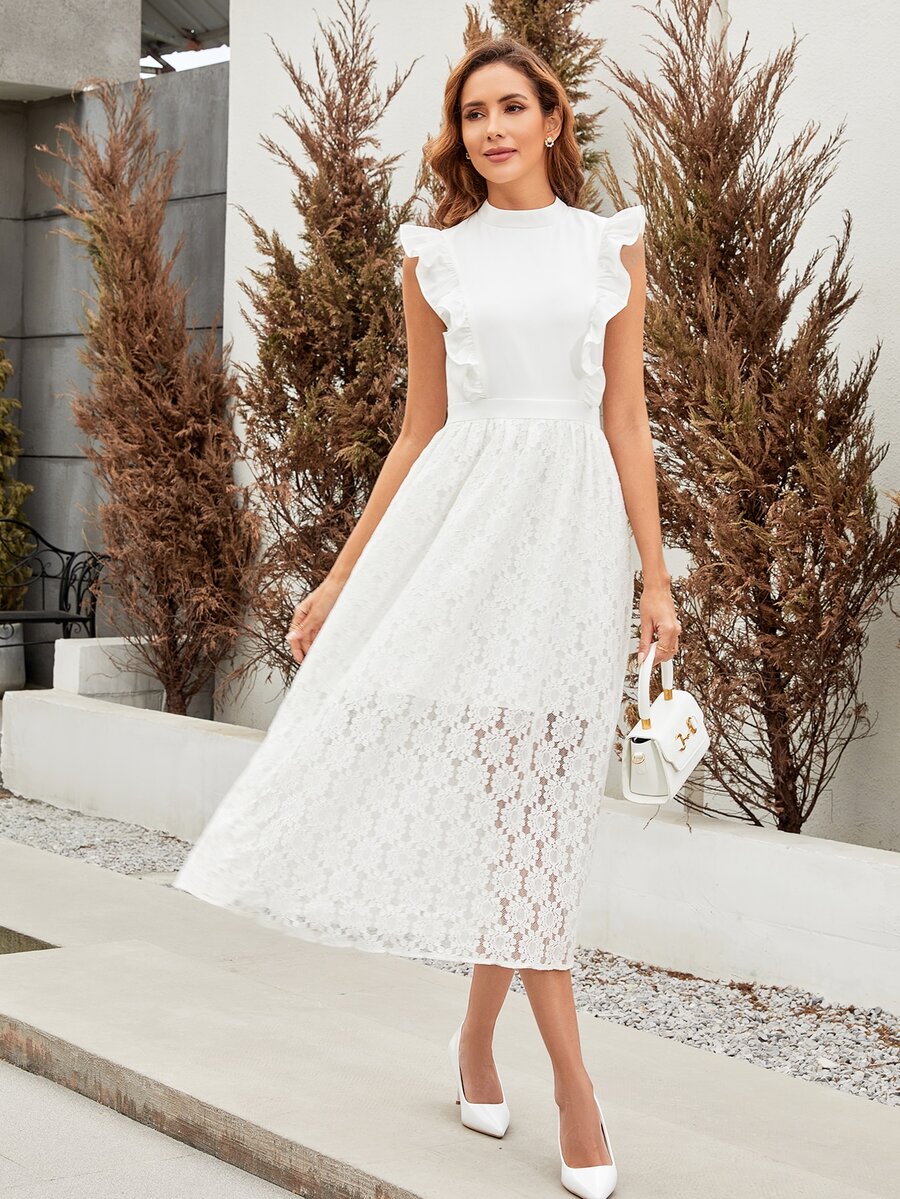 Ruffle Trim Lace Overlay Dress - White - View 1