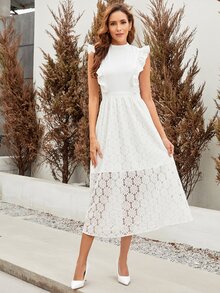 Ruffle Trim Lace Overlay Dress - White - View 4