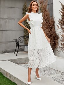 Ruffle Trim Lace Overlay Dress - White - View 6