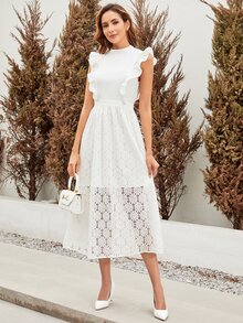 Ruffle Trim Lace Overlay Dress - White - View 7