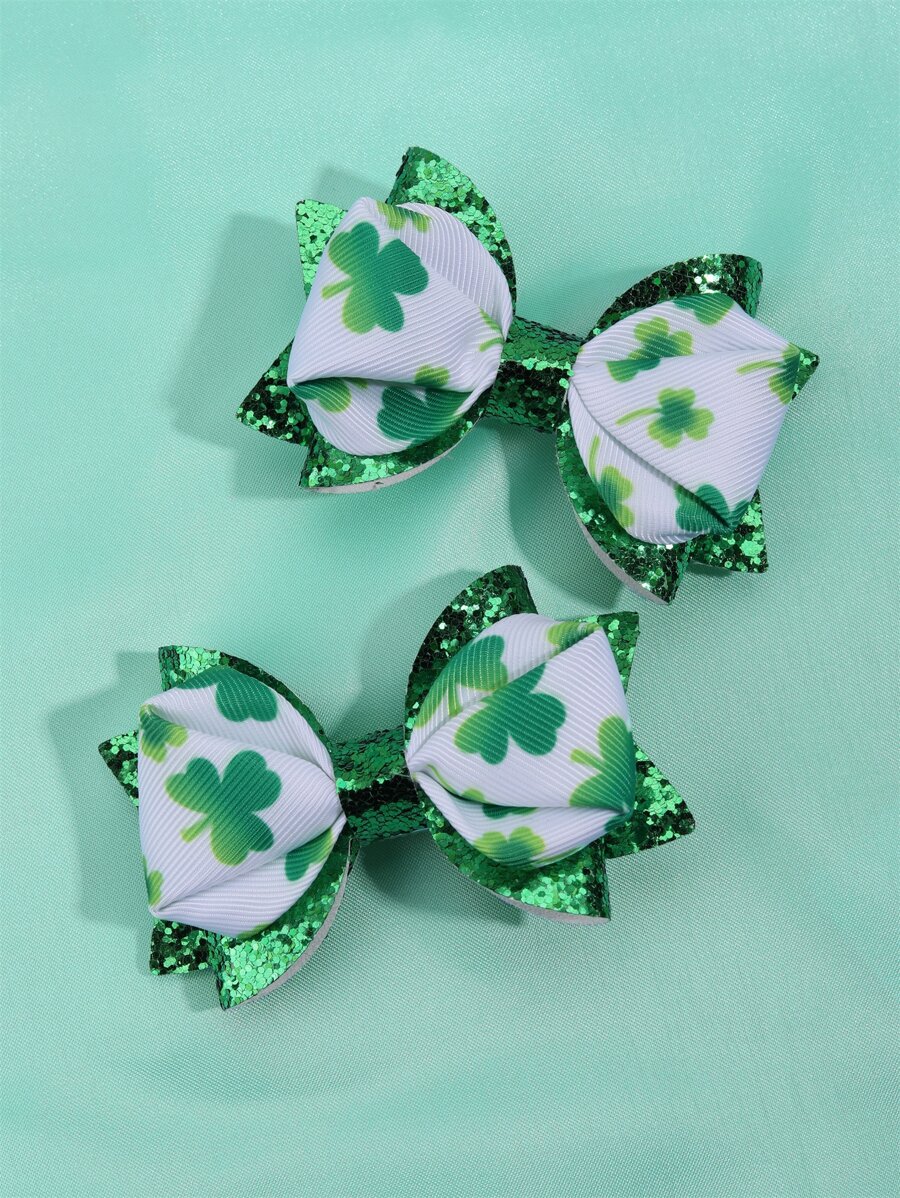 2pcs Clover Pattern Bow Decor Hair Clip - Multicolor - View 1