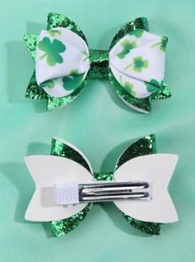 2pcs Clover Pattern Bow Decor Hair Clip - Multicolor - View 2
