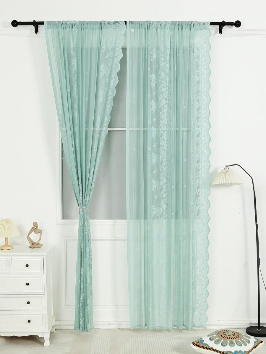 蕾絲裝飾單片透視窗簾 - 綠色 - 查看 1
