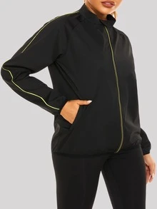 撞色滾邊拉鏈開襟運動衛衣 - 黑色 - 查看 4