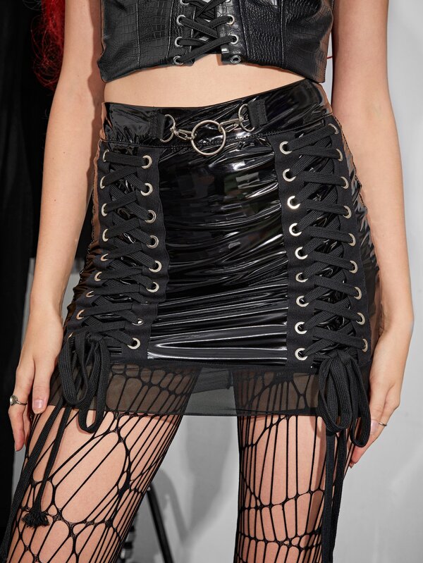 Grommet Lace Up Patent Skirt SHEIN USA