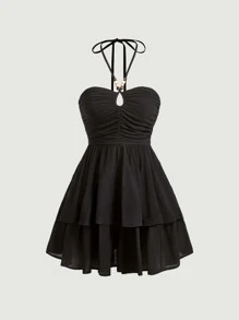 SHEIN MOD Đầm Lộ Lưng cườm đính Hội Chữ thập Xù Viên lá sen Buộc lại phân lớp màu trơn Boho - màu đen - Xem 1