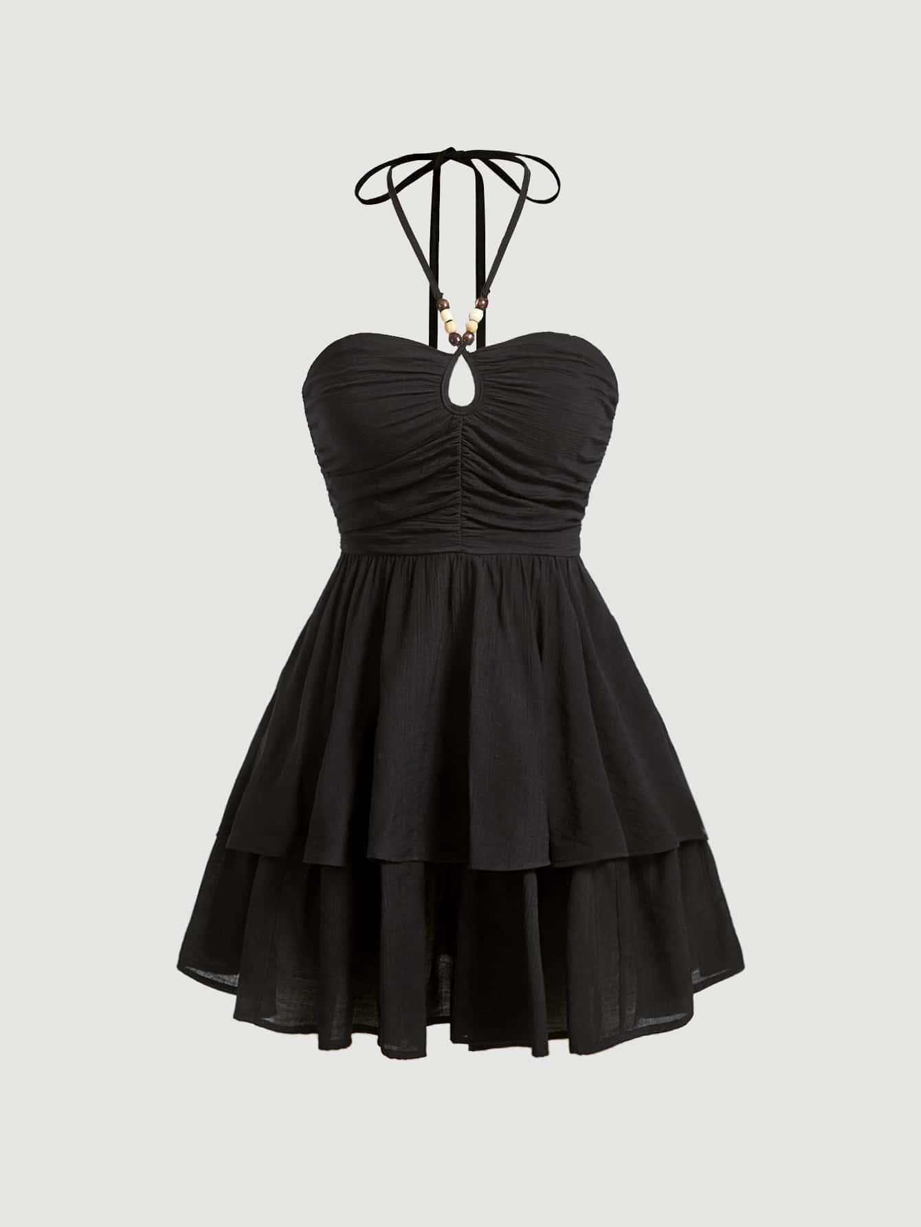 SHEIN MOD Đầm Lộ Lưng cườm đính Hội Chữ thập Xù Viên lá sen Buộc lại phân lớp màu trơn Boho - màu đen - Xem 1