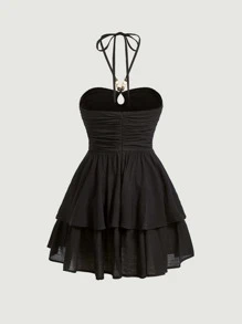 SHEIN MOD Đầm Lộ Lưng cườm đính Hội Chữ thập Xù Viên lá sen Buộc lại phân lớp màu trơn Boho - màu đen - Xem 2