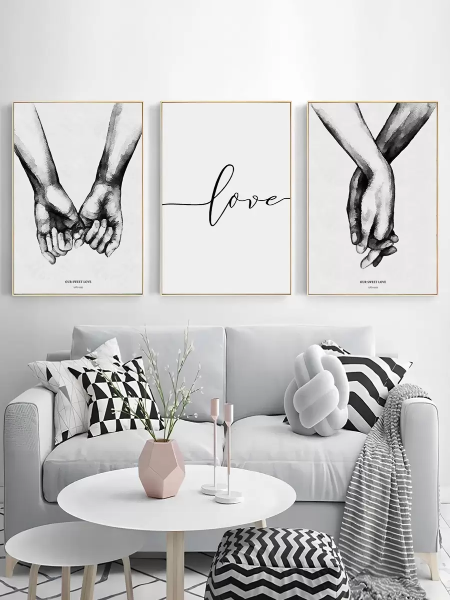 3pcs Letter & Hand Print Unframed Painting - Multicolor - View 1