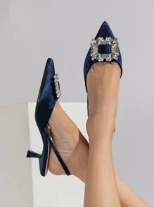 Women's Rhinestone Decor Solid Color Pointed Toe Back Strap Kitten Heel Slingback Pumps, Fashionable & Comfortable, Elegant For Party, Banquet, Evening Dress, Suitable For Autumn/Winter, Navy Blue High Heels Suitable For Commuting And Formal Wear, Elegant
