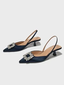 Women's Rhinestone Decor Solid Color Pointed Toe Back Strap Kitten Heel Slingback Pumps, Fashionable & Comfortable, Elegant For Party, Banquet, Evening Dress, Suitable For Autumn/Winter, Navy Blue High Heels Suitable For Commuting And Formal Wear, Elegant