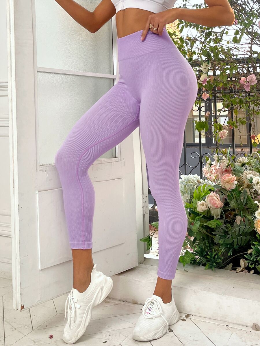 罗纹针织七分裤 运动瑜伽紧身裤 无缝高弹力收腹健身紧身裤 - 紫丁香色 - 查看 1
