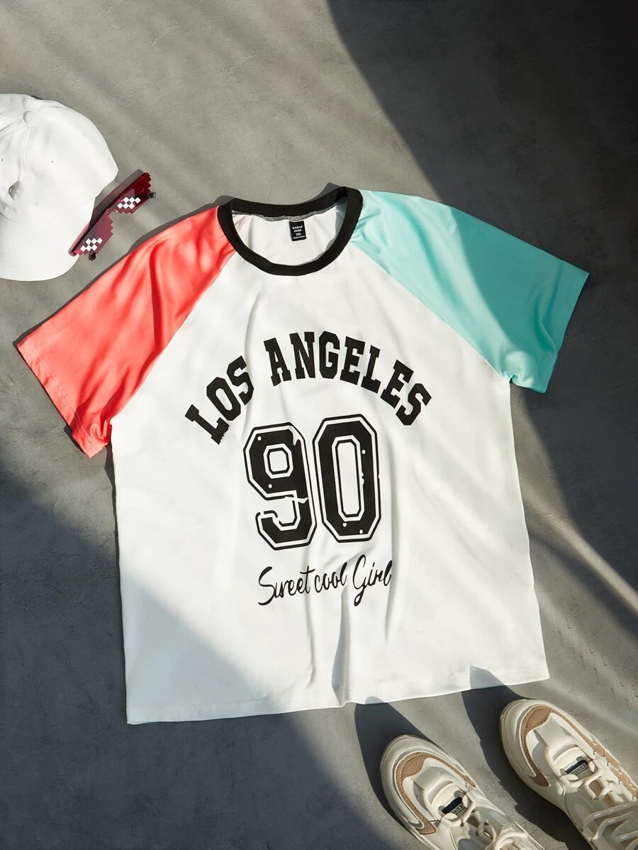 SHEIN Coolane 大碼字母圖案撞色插肩袖棒球T恤 - 彩色 - 查看 1