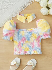 SHEIN Áo sơ mi bé gái Dải chun viền lá sen Cà vạt nhuộm Boho - Màu vàng - Xem 1