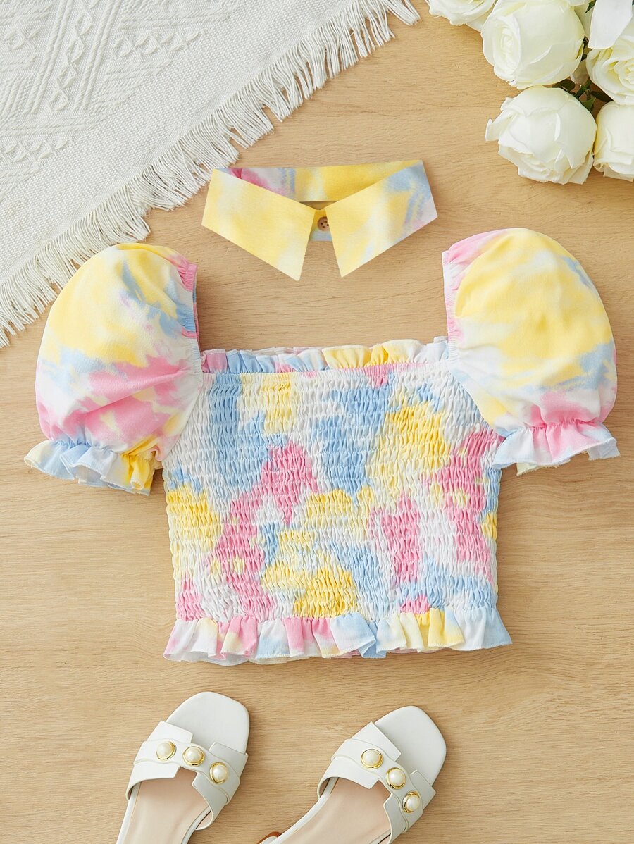 SHEIN Áo sơ mi bé gái Dải chun viền lá sen Cà vạt nhuộm Boho - Màu vàng - Xem 1