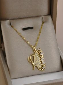 方晶鋯石蝴蝶吊墜項鍊 - 金黃色 - 查看 1