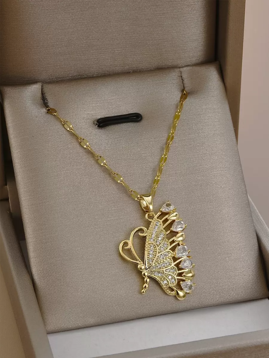 方晶鋯石蝴蝶吊墜項鍊 - 金黃色 - 查看 1