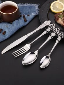 4pcs Hollow Out Stainless Steel Cutlery Set - Silver - View 1