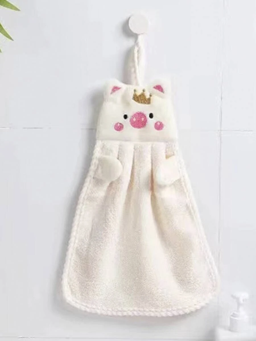 1pc Cartoon Pig & Crown Embroidered Hand Towel - Beige - View 1