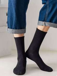 1pair Men Solid Casual Crew Socks, For Gym - Black - View 1