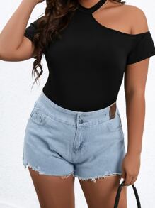 SHEIN Holidaya Áo thun Plus size Bất đối xứng màu trơn Giải trí - màu đen - Xem 1