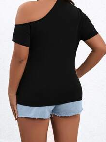 SHEIN Holidaya Áo thun Plus size Bất đối xứng màu trơn Giải trí - màu đen - Xem 2