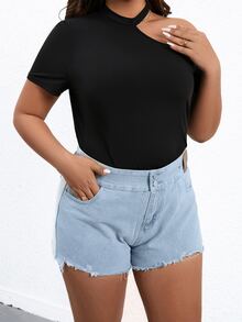 SHEIN Holidaya Áo thun Plus size Bất đối xứng màu trơn Giải trí - màu đen - Xem 6