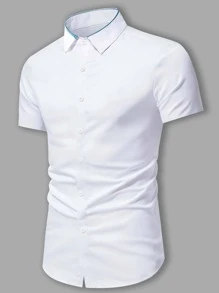 Manfinity Mode 男士1入組拼接邊前排扣襯衫 - 白色 - 查看 1