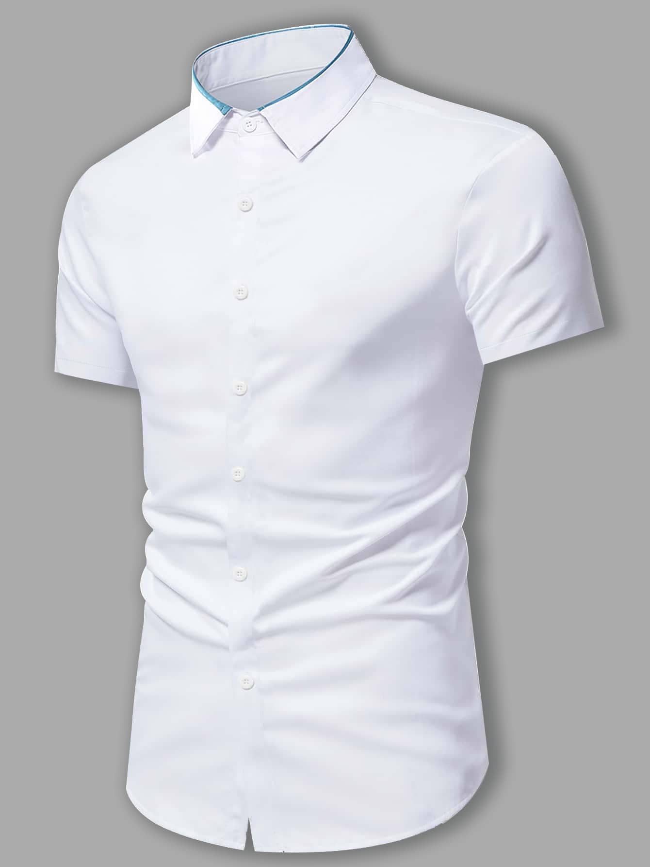 Manfinity Mode 男士1入組拼接邊前排扣襯衫 - 白色 - 查看 1