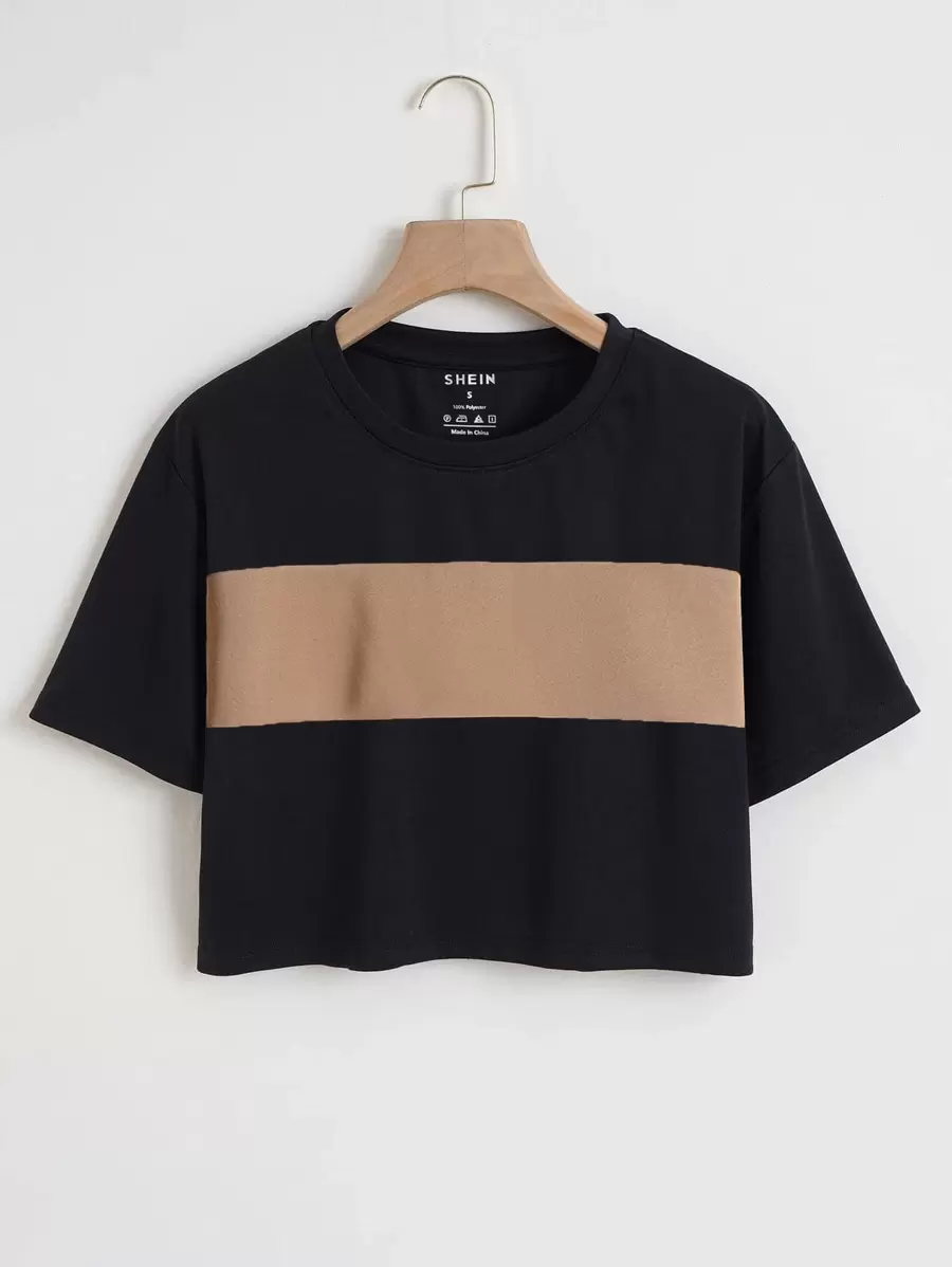 INAWLY Áo Crop Top Colorblock, Áo thun họa tiết mùa hè cho nữ Áo thun nữ - màu đen - Xem 1