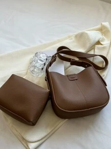 荔枝紋壓花單肩包帶內袋 - 咖啡棕 - 查看 10