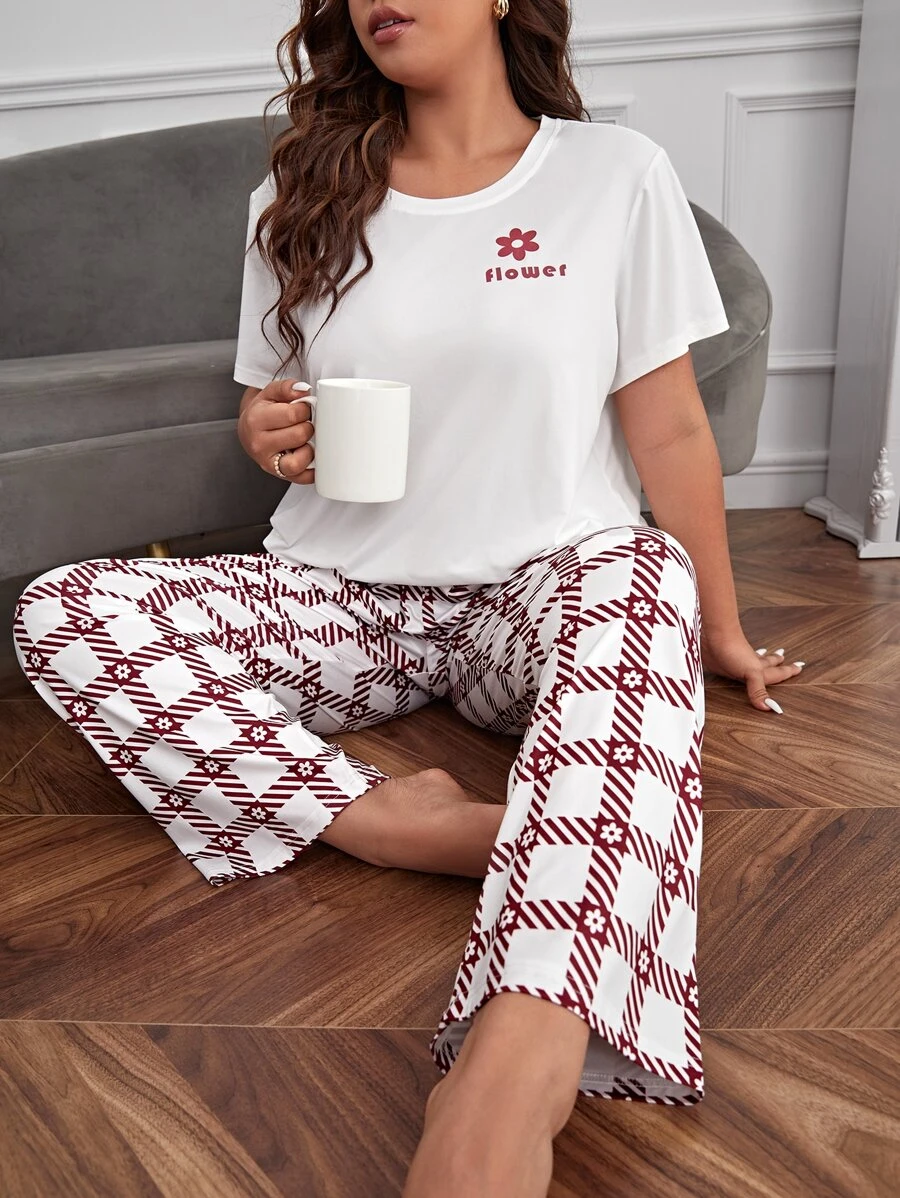 Plus Letter Graphic Tee & Plaid Print Trousers PJ Set - Red and White - View 1