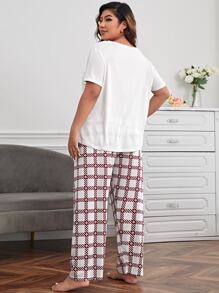 Plus Letter Graphic Tee & Plaid Print Trousers PJ Set - Red and White - View 2