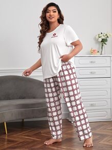 Plus Letter Graphic Tee & Plaid Print Trousers PJ Set - Red and White - View 3