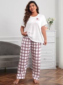 Plus Letter Graphic Tee & Plaid Print Trousers PJ Set - Red and White - View 4