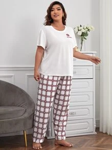 Plus Letter Graphic Tee & Plaid Print Trousers PJ Set - Red and White - View 5