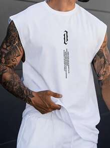 Manfinity Homme Camiseta sin mangas con eslogan de impresión de letras para hombre, camiseta sin mangas casual para hacer ejercicios en el gimnasio, regalo para el novio - Blanco - Ver 1